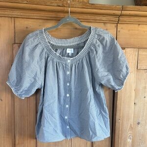 Things Between Blue Gingham Puff-Sleeve Button Front Top
